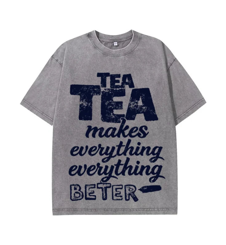 Oversized Washed Retro Tea Lover Vintage Slogan Print Streetwear T Shirt USA Stock Wholesale Y2K Men Hip Hop Casual Tee
