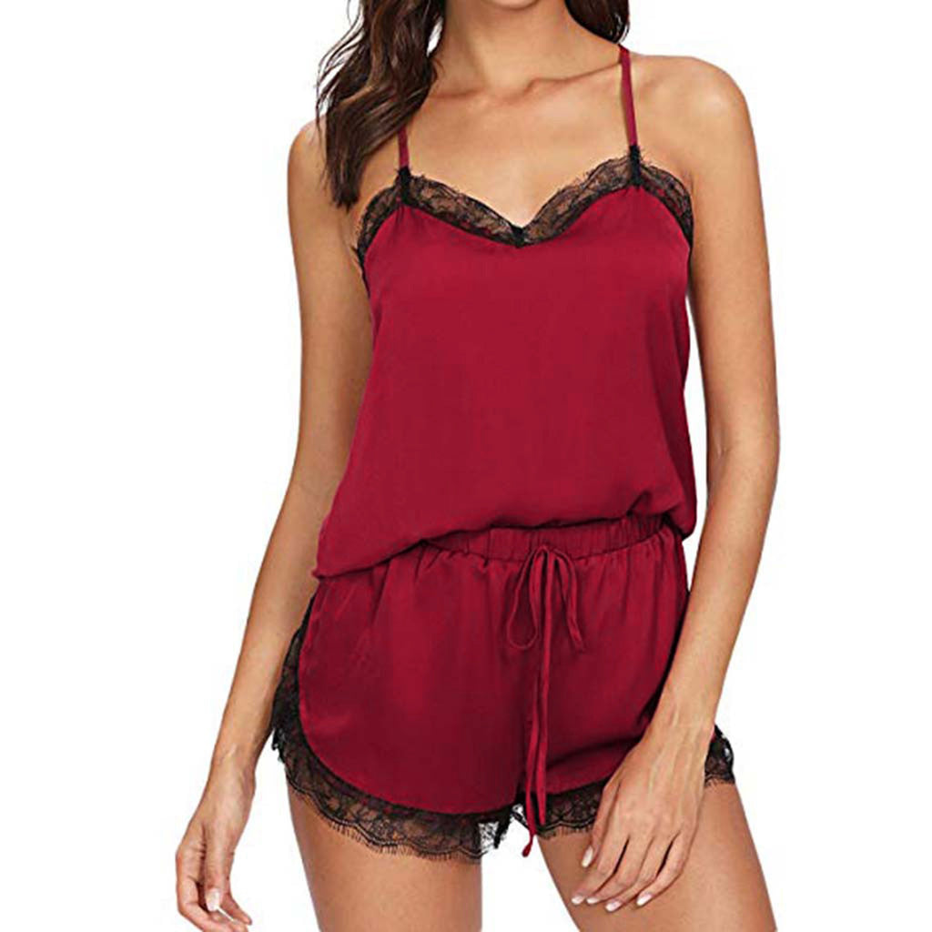 Lace V-Neck Satin Pajama Set — 2-Piece Sexy Sleepwear