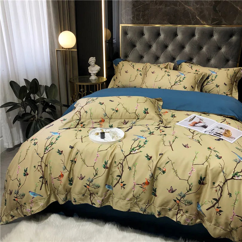 600TC Egyptian Cotton Bedding Set – Birds & Flowers Leaf Print, 16 Colors, Queen to US King