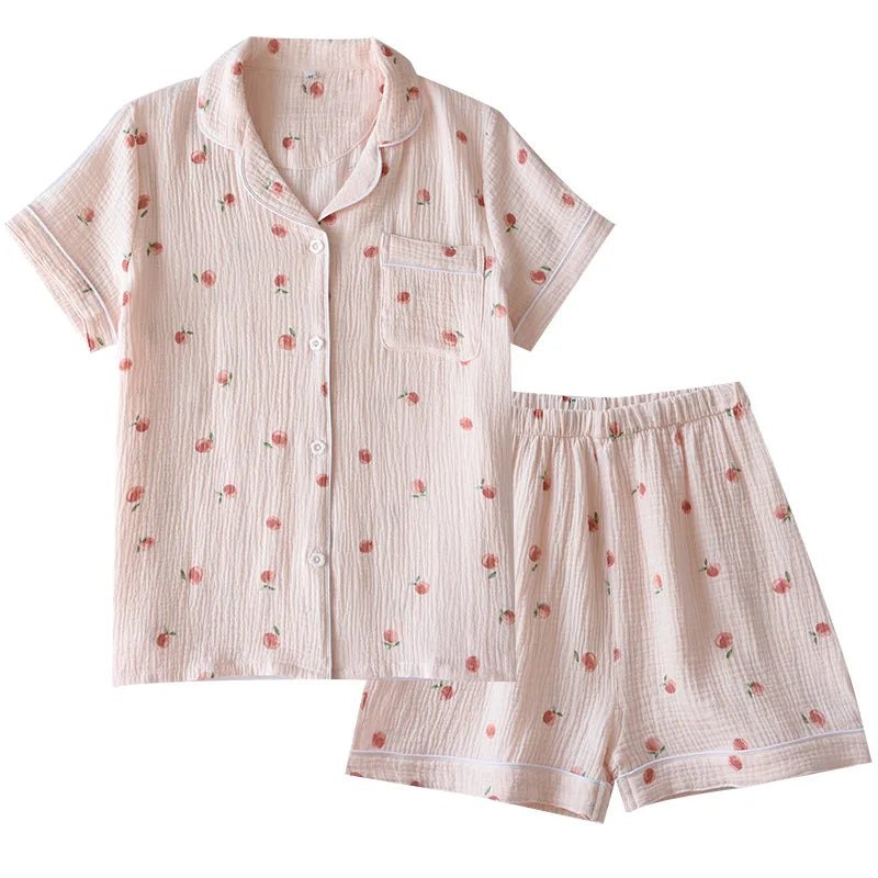 Women's 100% Cotton Short Sleeve Shorts Pajamas Set | Thin Crepe Cloth Spring Autumn Loose Homewear