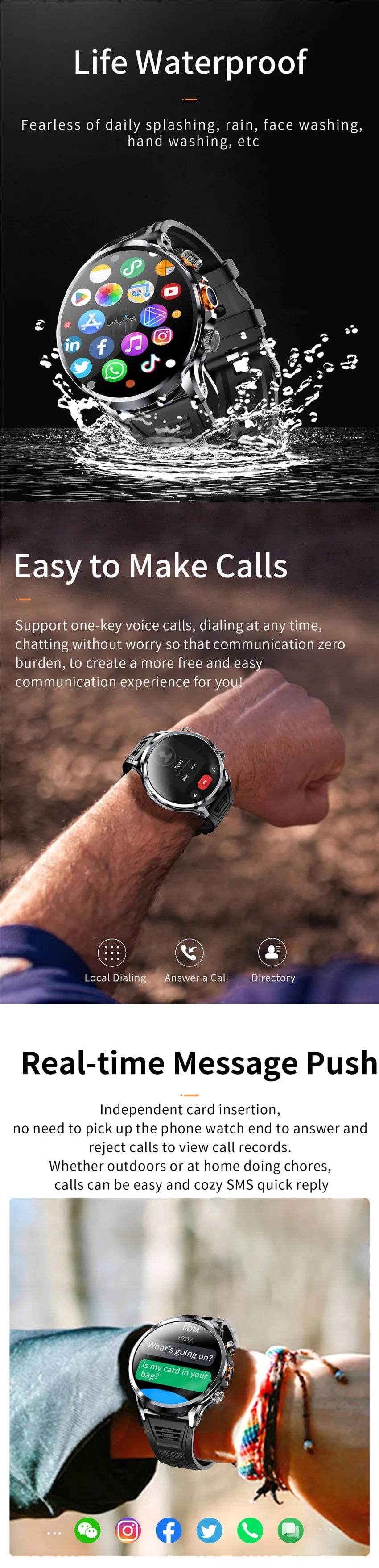 HUANLONG 4G LTE Android Smartwatch with Heart Rate Tracker GPS Navigation Remote Control SIM Card IP68 Waterproof Unisex Design