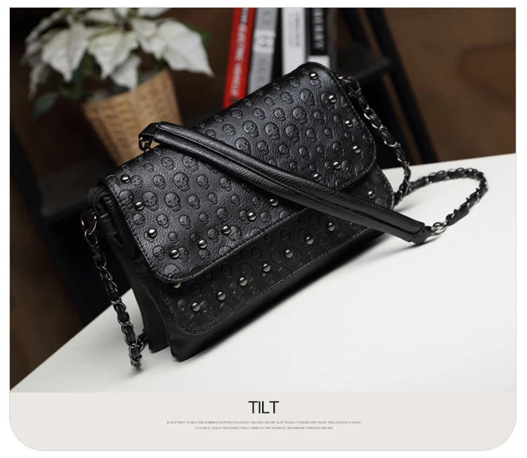 JIEROTYX England Style Skull Print PU Leather Crossbody Bag – Rivet Chain Shoulder Clutch for Women