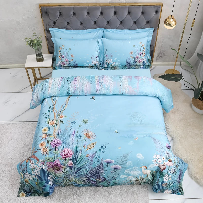 600TC Egyptian Cotton Bedding Set – Birds & Flowers Leaf Print, 16 Colors, Queen to US King