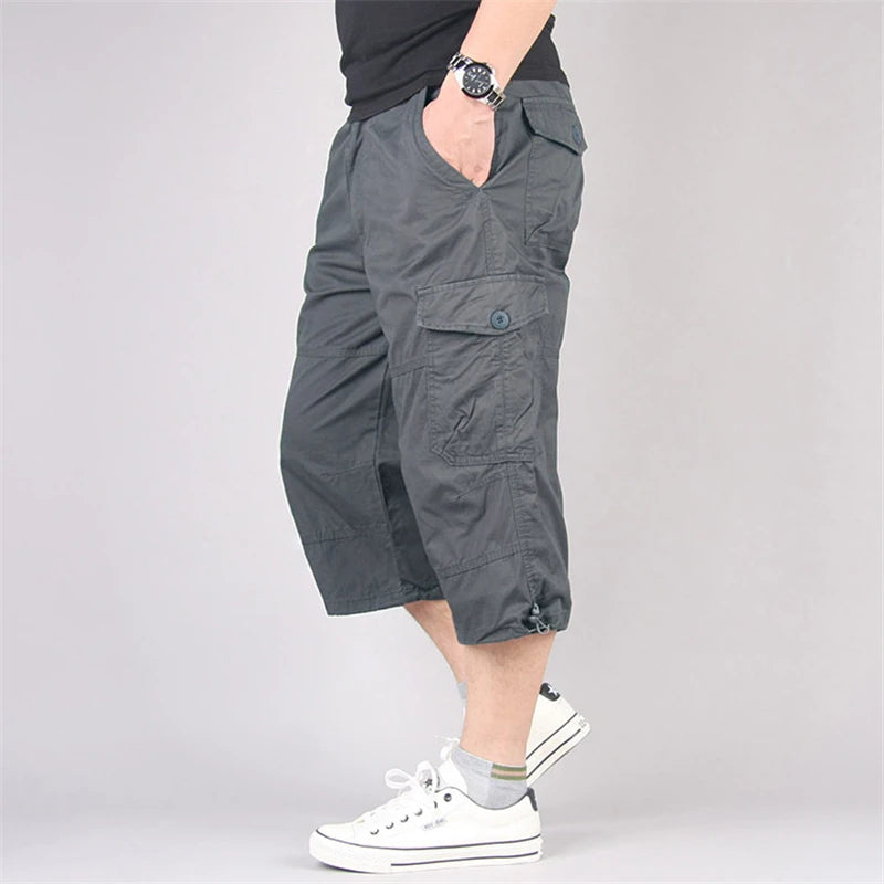 Men's Long Cargo Shorts — Multi-Pocket Military Tactical Cotton Capri Pants