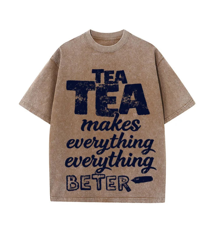 Oversized Washed Retro Tea Lover Vintage Slogan Print Streetwear T Shirt USA Stock Wholesale Y2K Men Hip Hop Casual Tee