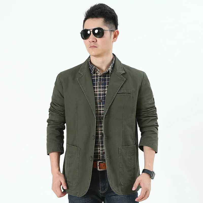 Men's Single Breasted Blazer — Washable Loose Fit Military Style Jacket