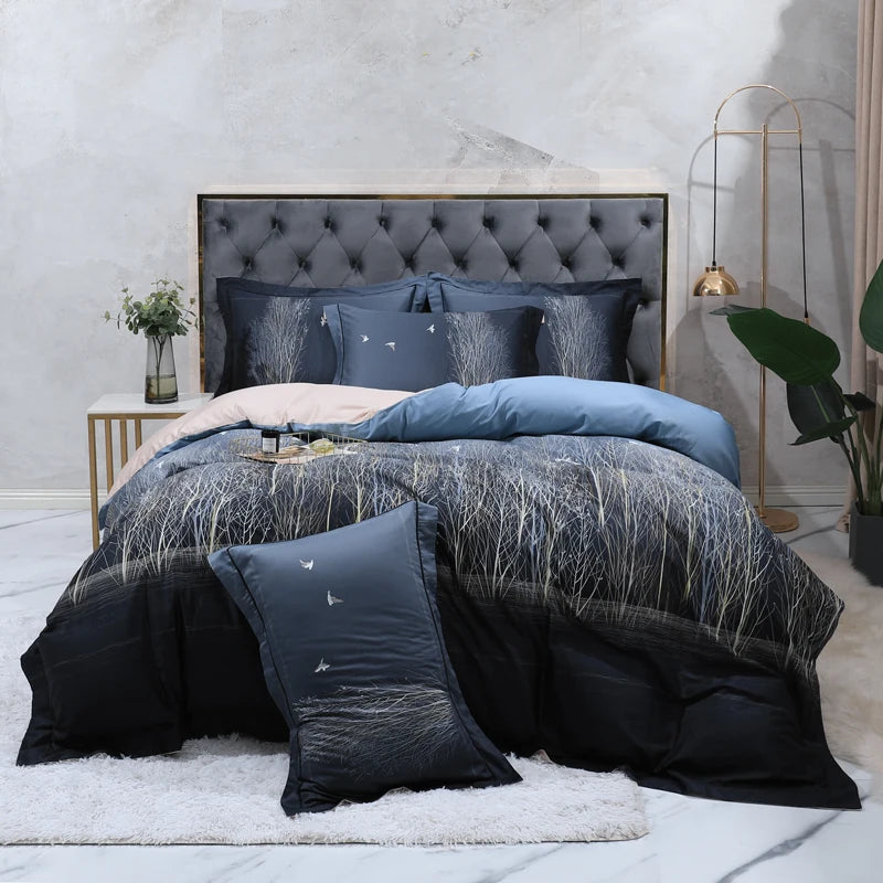 600TC Egyptian Cotton Bedding Set – Birds & Flowers Leaf Print, 16 Colors, Queen to US King