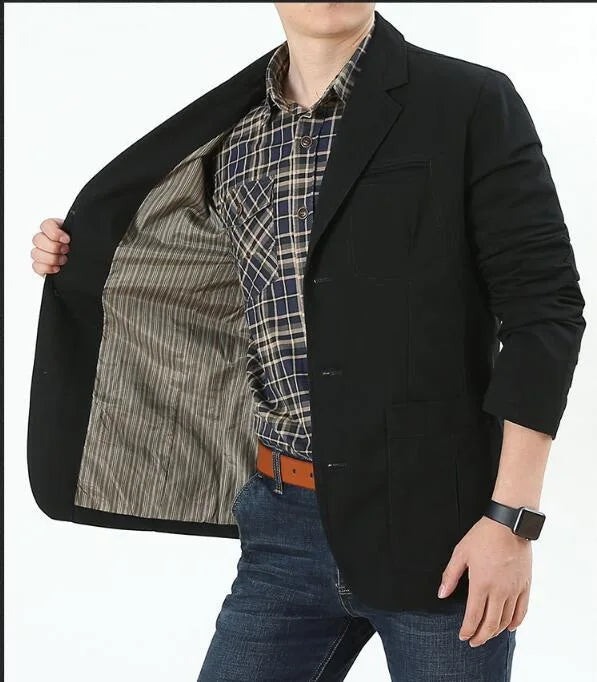 Men's Single Breasted Blazer — Washable Loose Fit Military Style Jacket