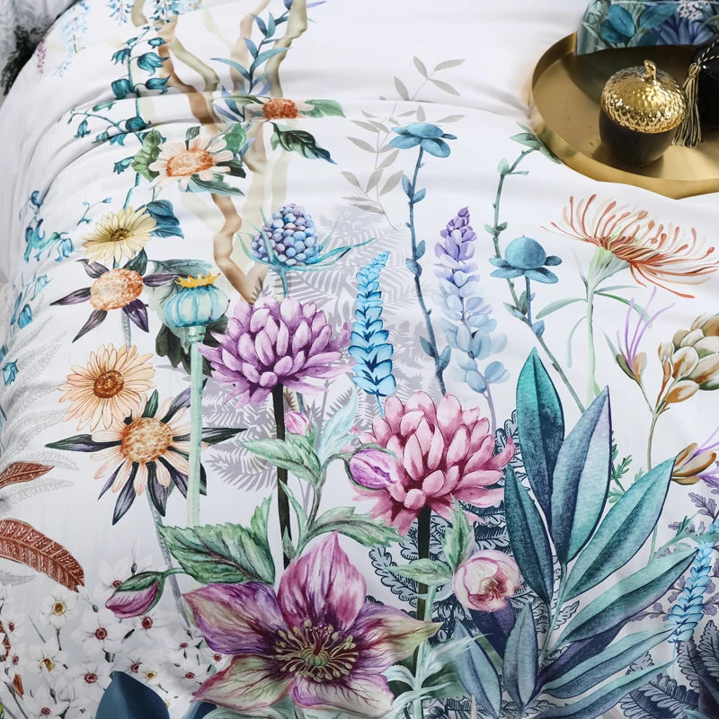 600TC Egyptian Cotton Bedding Set – Birds & Flowers Leaf Print, 16 Colors, Queen to US King