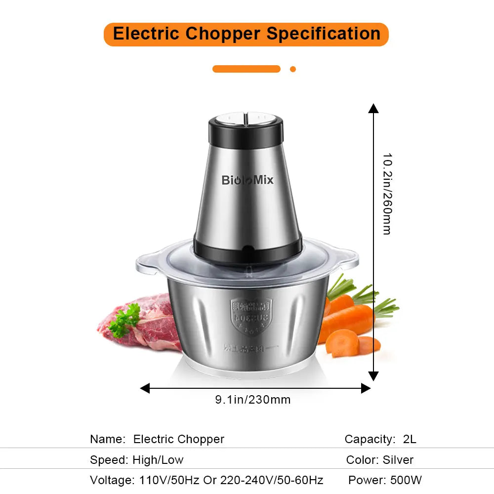 BioloMix 500W Electric Meat Grinder & Food Processor – 2L Stainless Steel, 2-Speed Chopper, Mincer & Slicer
