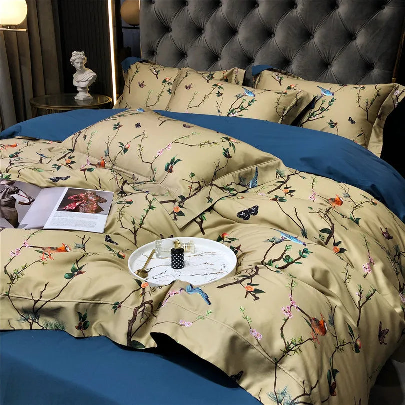 600TC Egyptian Cotton Bedding Set – Birds & Flowers Leaf Print, 16 Colors, Queen to US King