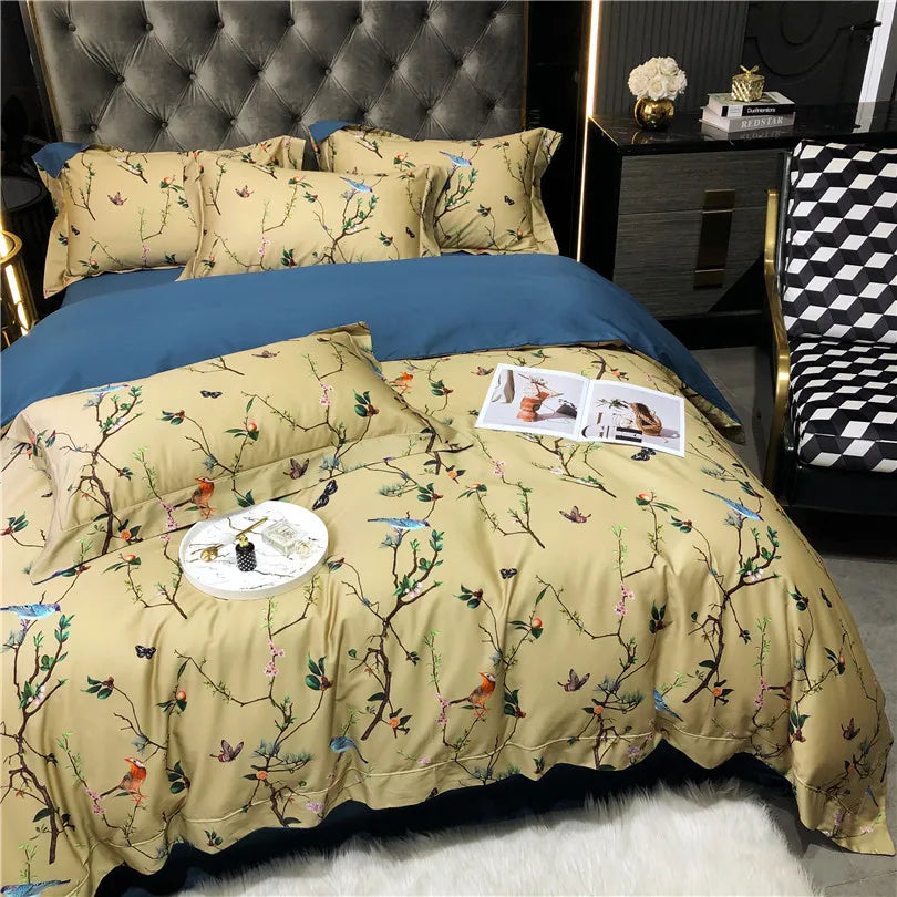 600TC Egyptian Cotton Bedding Set – Birds & Flowers Leaf Print, 16 Colors, Queen to US King