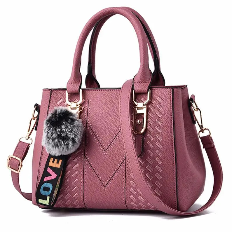 Embroidery Leather Messenger Bag – Women's Handbag with Hair Ball Charm in 12 Colors