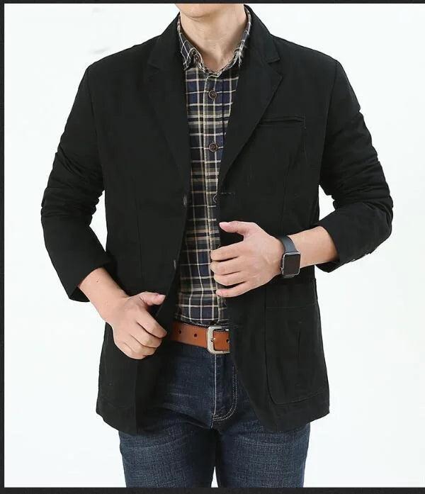 Men's Single Breasted Blazer — Washable Loose Fit Military Style Jacket
