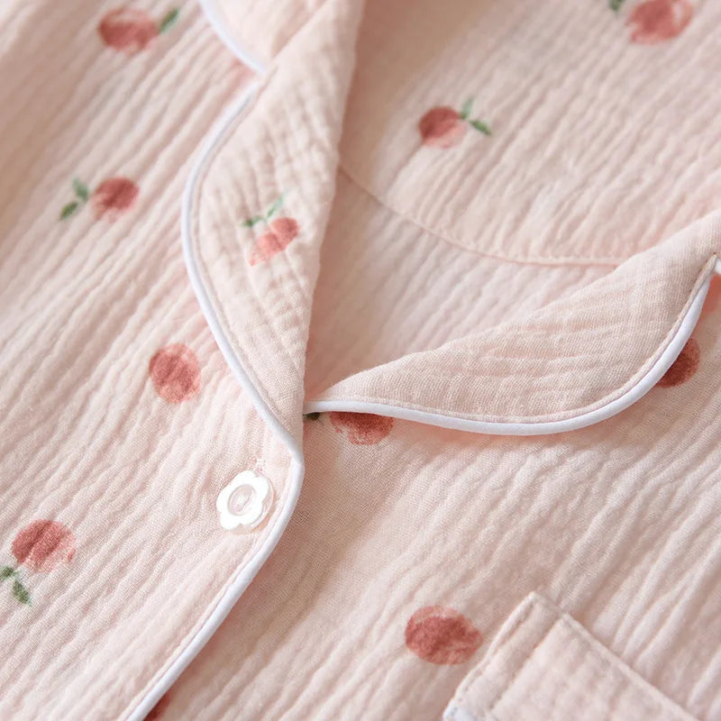Women's 100% Cotton Short Sleeve Shorts Pajamas Set | Thin Crepe Cloth Spring Autumn Loose Homewear