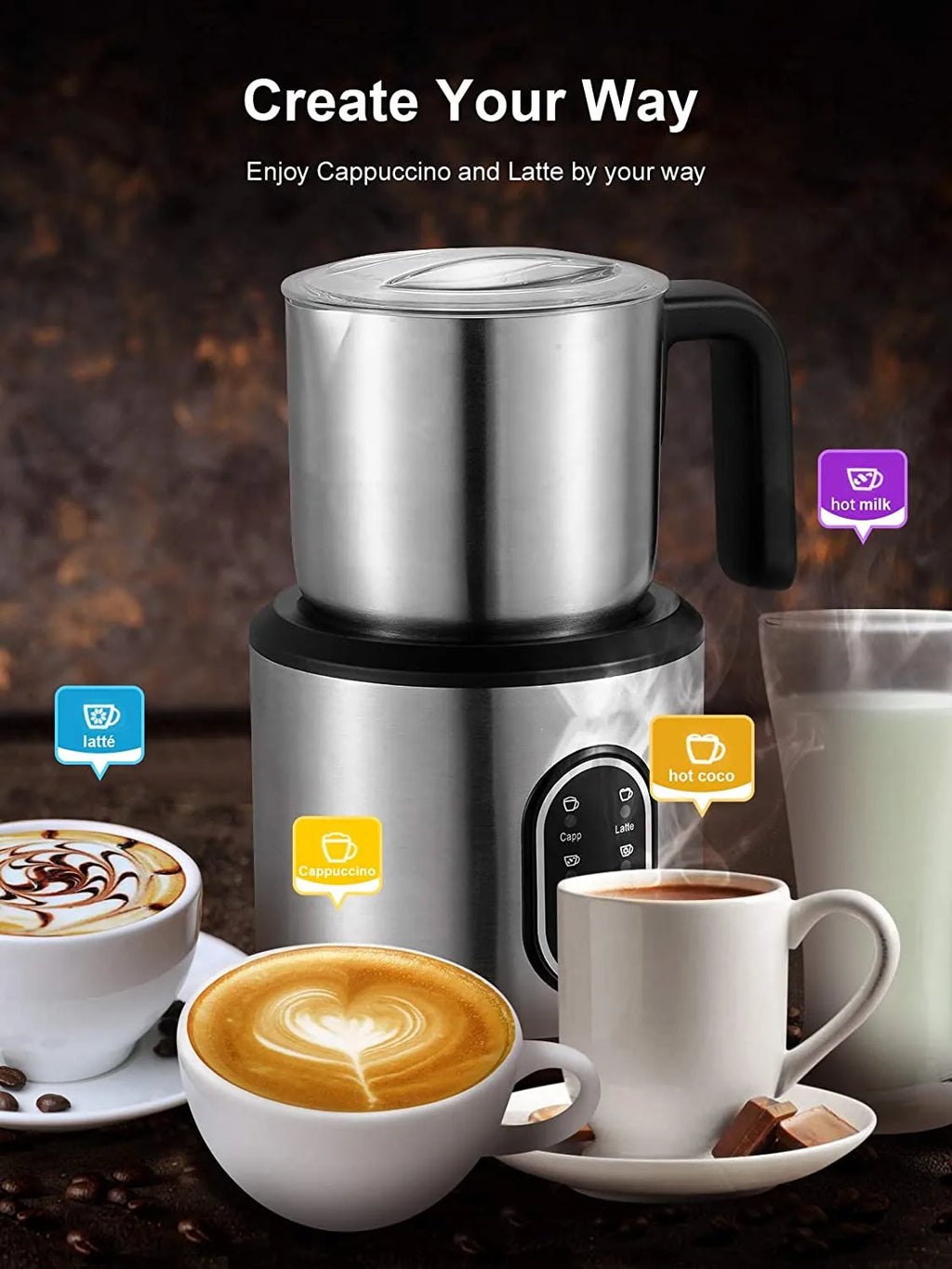 DEVISIB 4-in-1 Automatic Milk Frother – 350ml Stainless Steel Pitcher, Hot & Cold, Dishwasher Safe