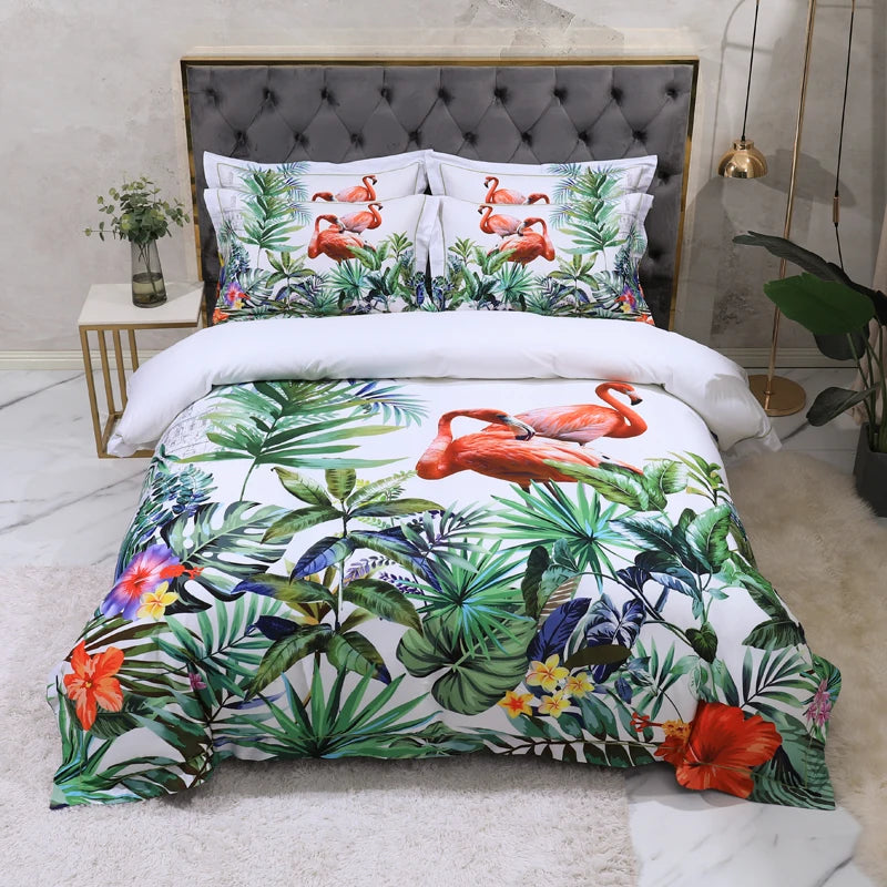 600TC Egyptian Cotton Bedding Set – Birds & Flowers Leaf Print, 16 Colors, Queen to US King