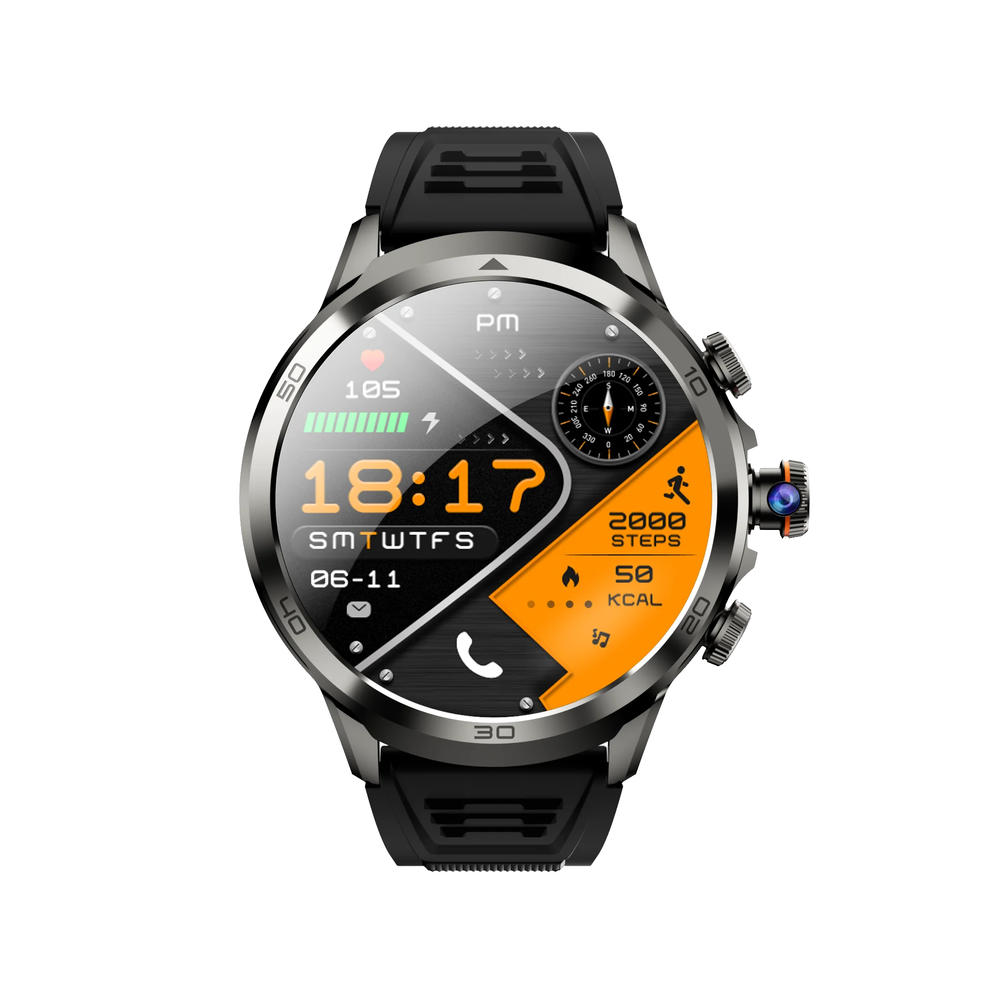 H19 Men's Smartwatch with 1.75 Inch HD AMOLED Screen 4G Connectivity IP67 Waterproof Silicone Band Side Camera GPS 3+32GB RAM
