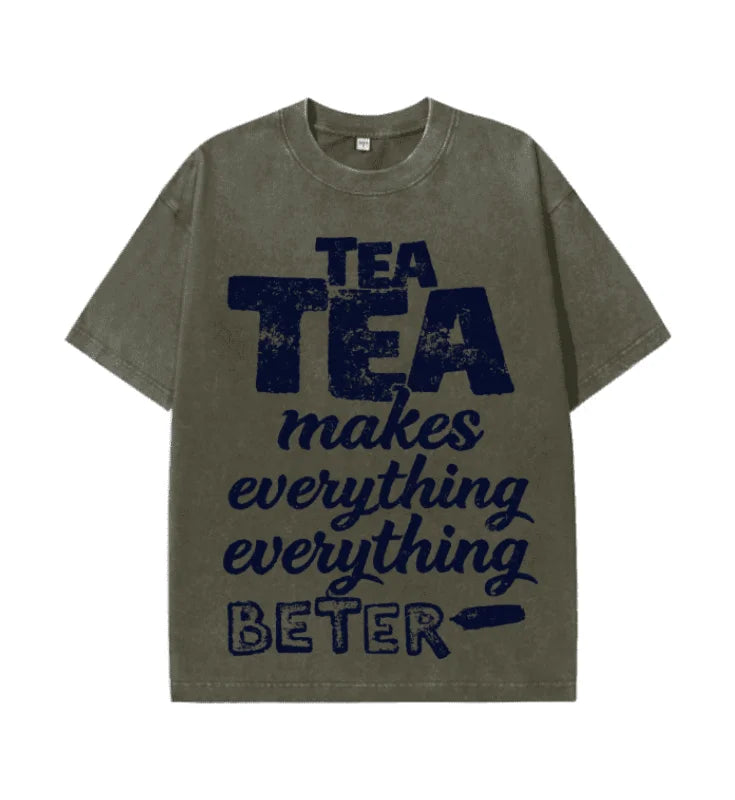 Oversized Washed Retro Tea Lover Vintage Slogan Print Streetwear T Shirt USA Stock Wholesale Y2K Men Hip Hop Casual Tee