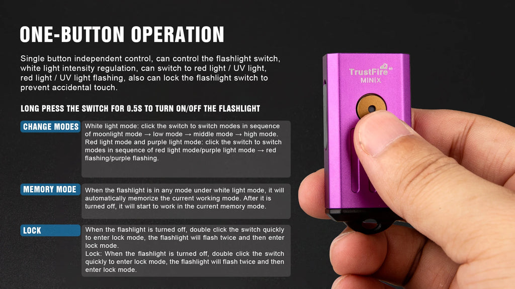 TrustFire MINIX – 320 Lumen Dual-Source Keychain EDC Flashlight, White + UV/Red, Type-C, IP66, Memory Mode
