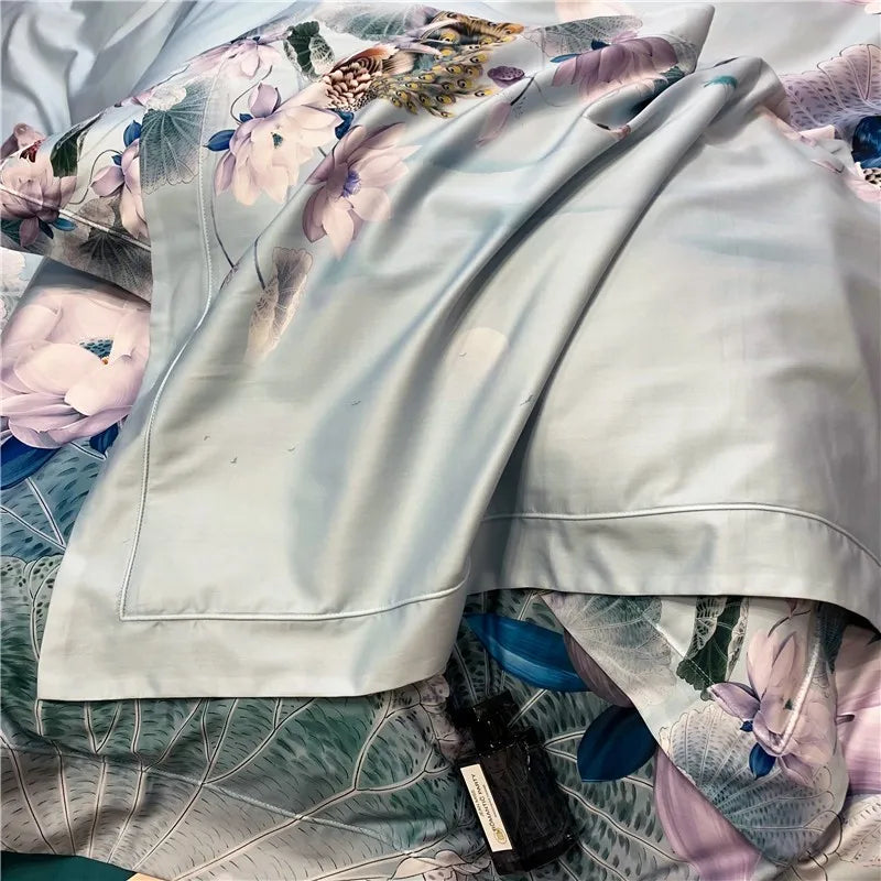 600TC Egyptian Cotton Bedding Set – Birds & Flowers Leaf Print, 16 Colors, Queen to US King