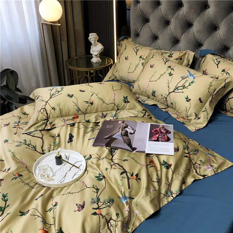 600TC Egyptian Cotton Bedding Set – Birds & Flowers Leaf Print, 16 Colors, Queen to US King