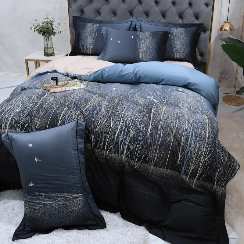 600TC Egyptian Cotton Bedding Set – Birds & Flowers Leaf Print, 16 Colors, Queen to US King