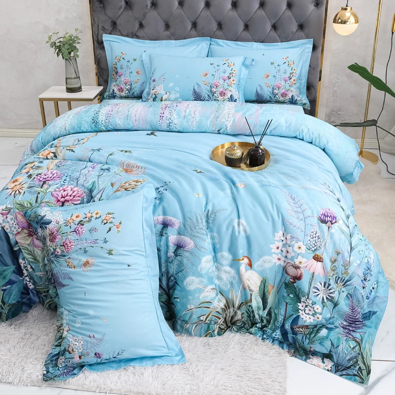 600TC Egyptian Cotton Bedding Set – Birds & Flowers Leaf Print, 16 Colors, Queen to US King