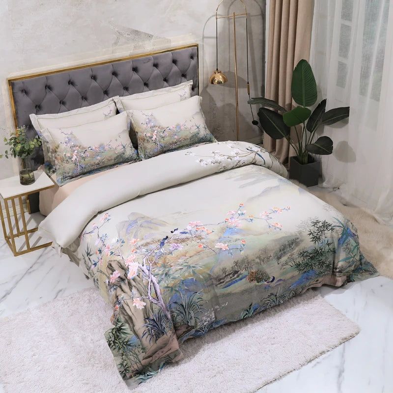 600TC Egyptian Cotton Bedding Set – Birds & Flowers Leaf Print, 16 Colors, Queen to US King