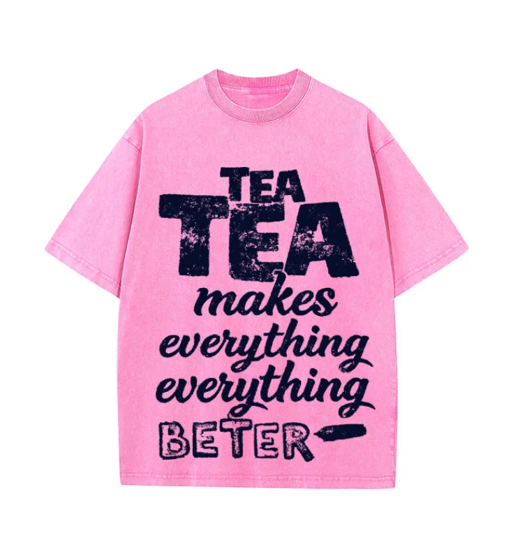 Oversized Washed Retro Tea Lover Vintage Slogan Print Streetwear T Shirt USA Stock Wholesale Y2K Men Hip Hop Casual Tee