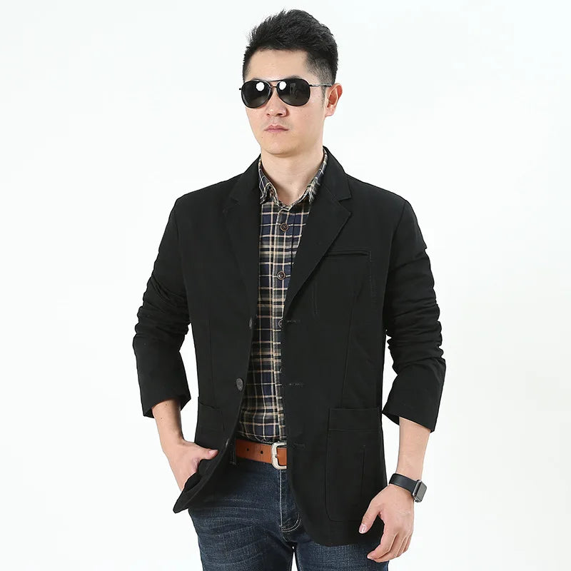 Men's Single Breasted Blazer — Washable Loose Fit Military Style Jacket