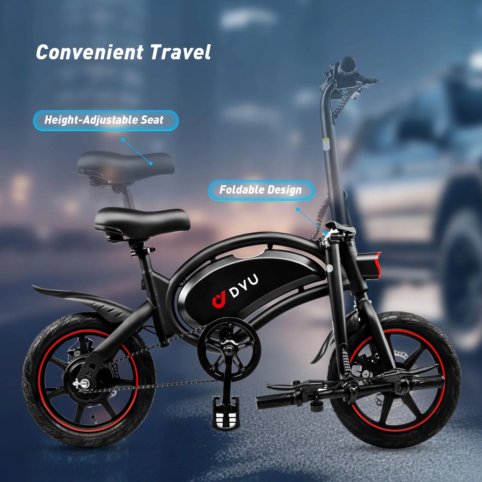 DYU 250W Folding Electric City Commuter Bike — 36V 10Ah 14" Urban Moped E-Bike, CE Certified