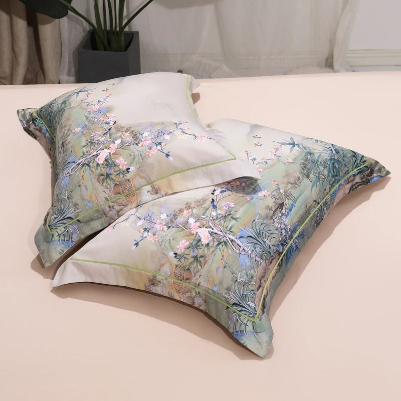 600TC Egyptian Cotton Bedding Set – Birds & Flowers Leaf Print, 16 Colors, Queen to US King