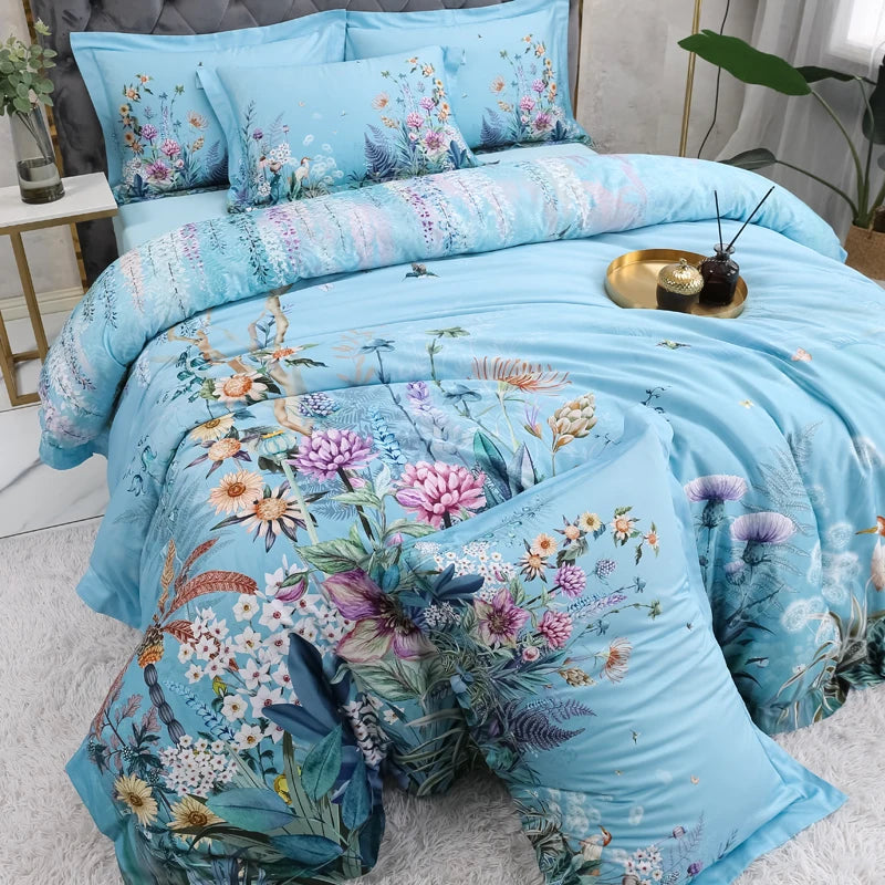600TC Egyptian Cotton Bedding Set – Birds & Flowers Leaf Print, 16 Colors, Queen to US King