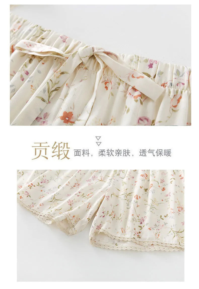 Women's Satin Willow Print Pajama Set | Short Sleeve Shorts Summer Nightwear Loungewear
