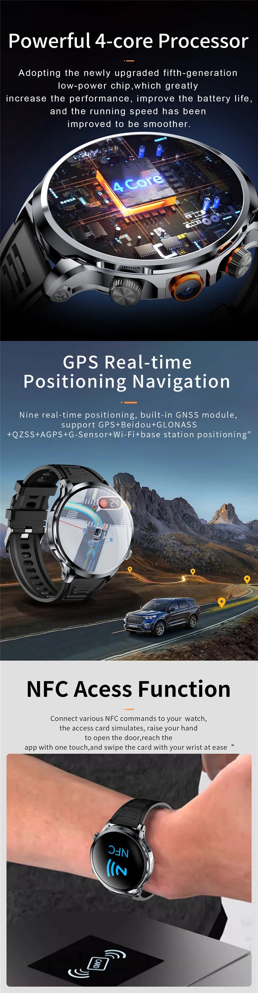 HUANLONG 4G LTE Android Smartwatch with Heart Rate Tracker GPS Navigation Remote Control SIM Card IP68 Waterproof Unisex Design