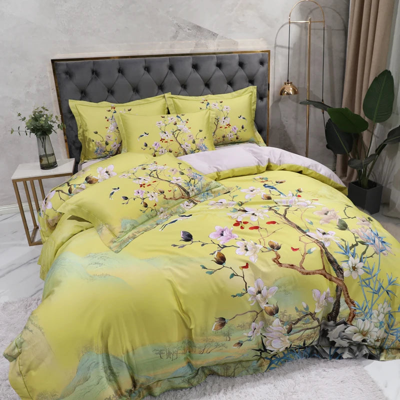 600TC Egyptian Cotton Bedding Set – Birds & Flowers Leaf Print, 16 Colors, Queen to US King