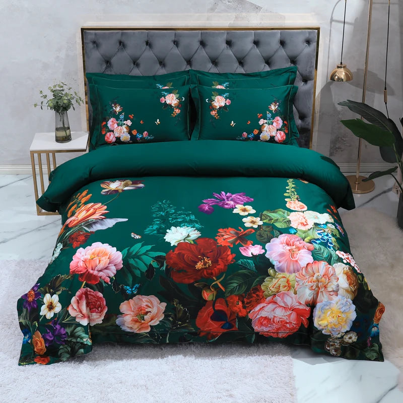 600TC Egyptian Cotton Bedding Set – Birds & Flowers Leaf Print, 16 Colors, Queen to US King