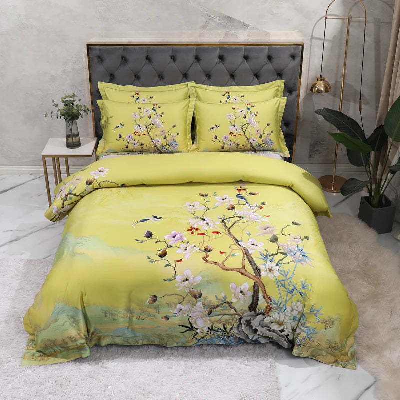 600TC Egyptian Cotton Bedding Set – Birds & Flowers Leaf Print, 16 Colors, Queen to US King