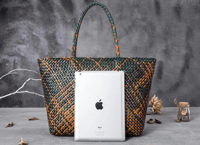 Handmade Woven Cowhide Leather Bucket Tote Bag – Romantic Beach Shoulder Handbag for Women