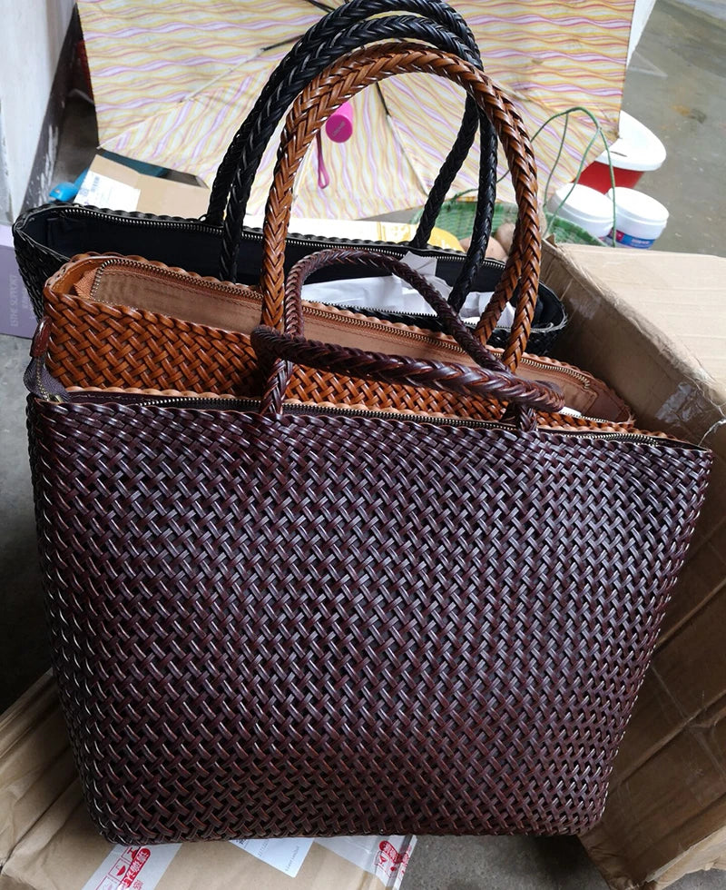 Handmade Woven Cowhide Leather Bucket Tote Bag – Romantic Beach Shoulder Handbag for Women