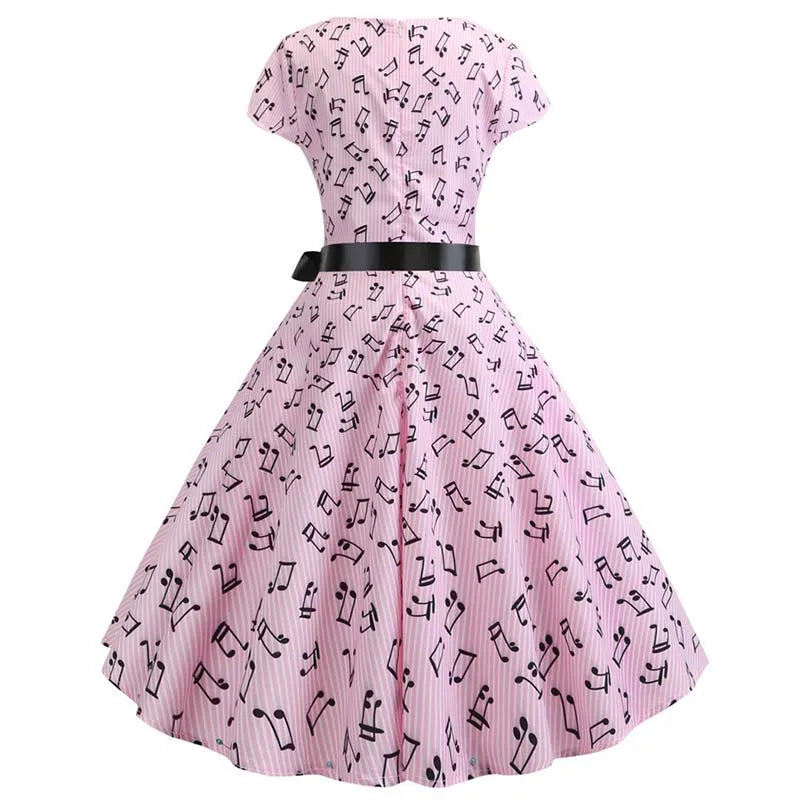 Women Summer Music Note Print Dress 50s 60s Robe Retro Swing Casual Vintage Party Dresses Vestidos
