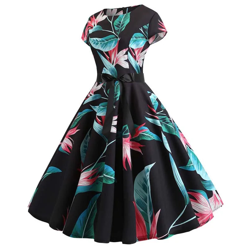 Women Summer Music Note Print Dress 50s 60s Robe Retro Swing Casual Vintage Party Dresses Vestidos