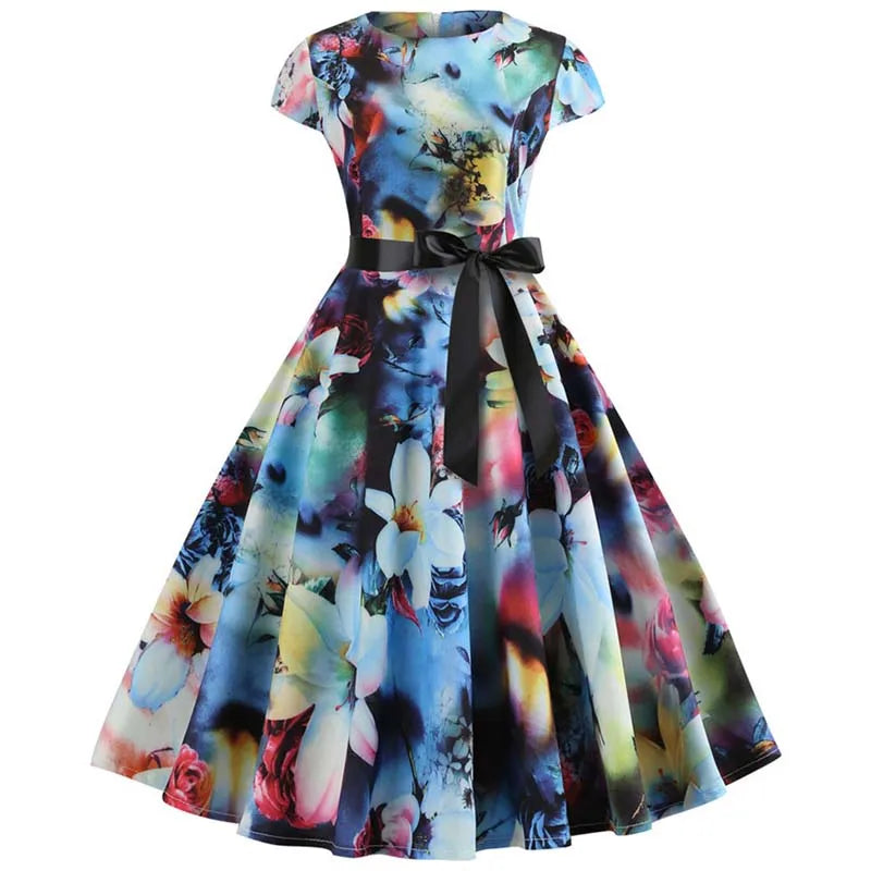 Women Summer Music Note Print Dress 50s 60s Robe Retro Swing Casual Vintage Party Dresses Vestidos