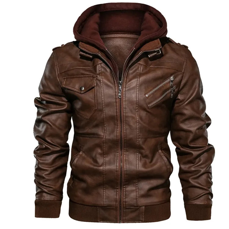Men's Faux Leather Biker Jacket – Detachable Hood