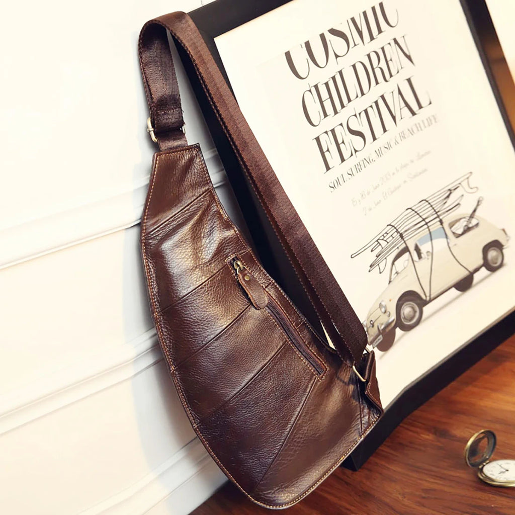 HAOSHUAI Men’s Genuine Leather Crossbody Sling Bag – Vintage Half-Moon, Zipper, Travel & Casual, Black & Coffee
