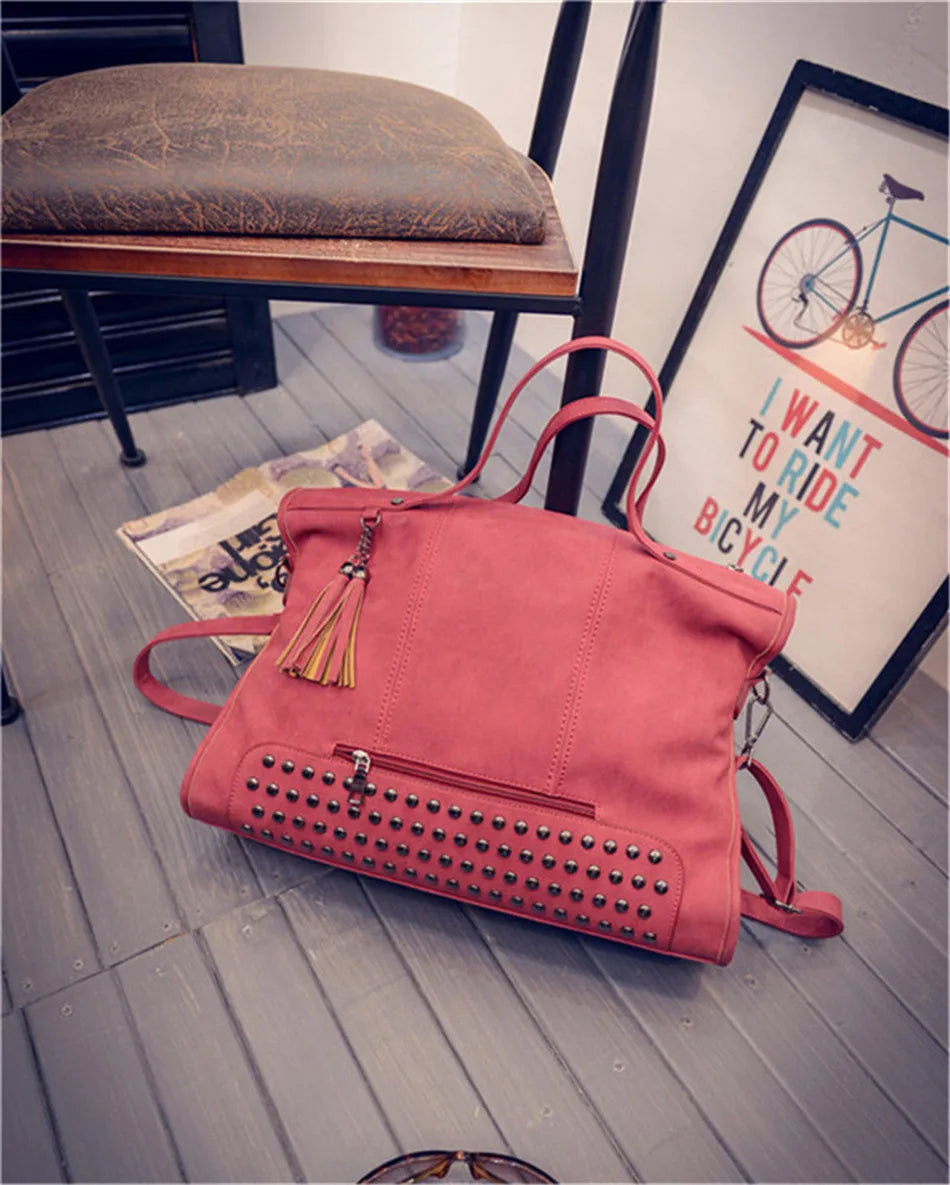 Luxury Matte Faux Suede Large Tote Bag – Vintage Rivet Tassel Handbag for Women