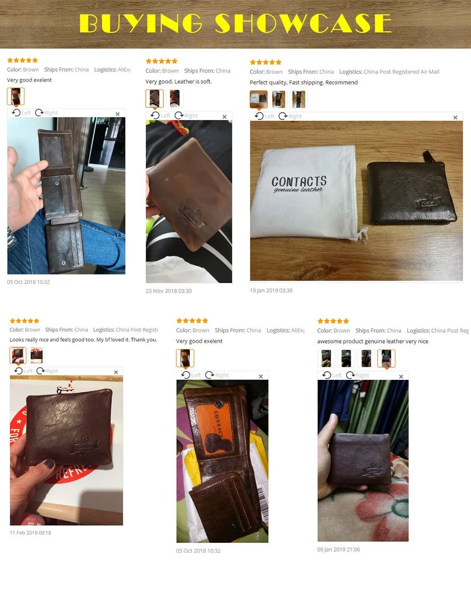 Genuine Cowhide Leather Men's Trifold Wallet – Vintage Crazy Horse Leather Zip Coin Pocket Purse