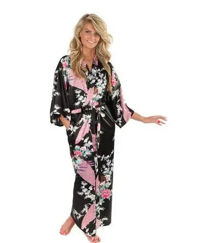 Silk Floral Bridesmaid Kimono Robe | Long Satin Bridal Dressing Gown