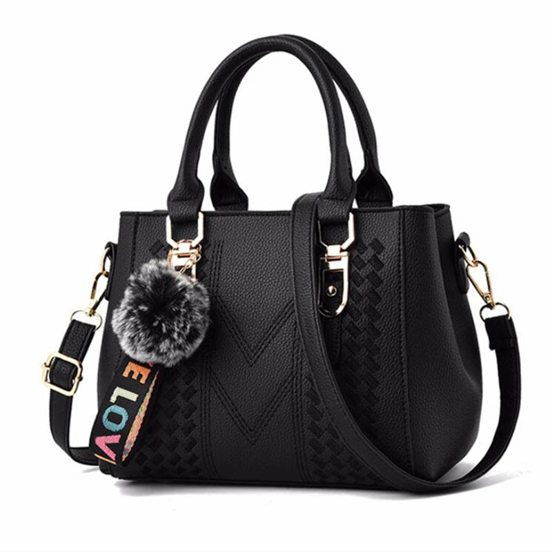 Embroidery Leather Messenger Bag – Women's Handbag with Hair Ball Charm in 12 Colors
